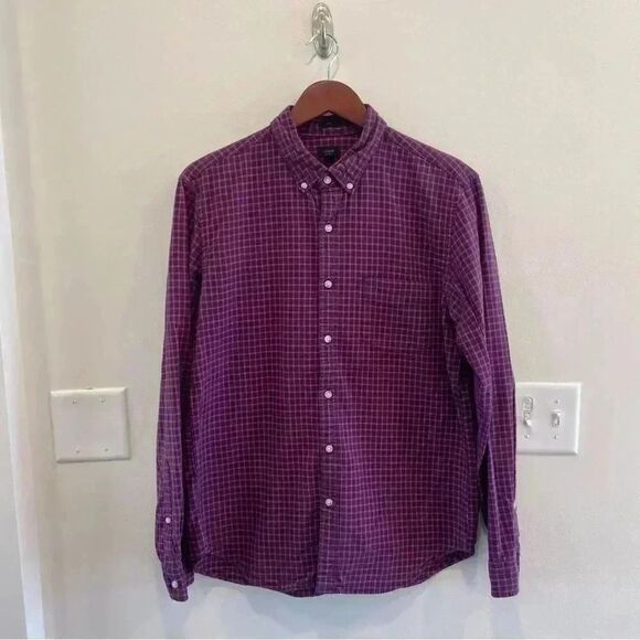 J.crew button closure shirt mens size large slim cut red and blue plaid - Picture 1 of 8